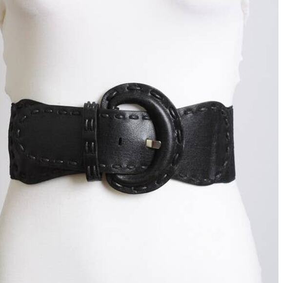 Distressed Wide Stitch Elastic Belt Western Boho Chic Style Black - Picture 1 of 4
